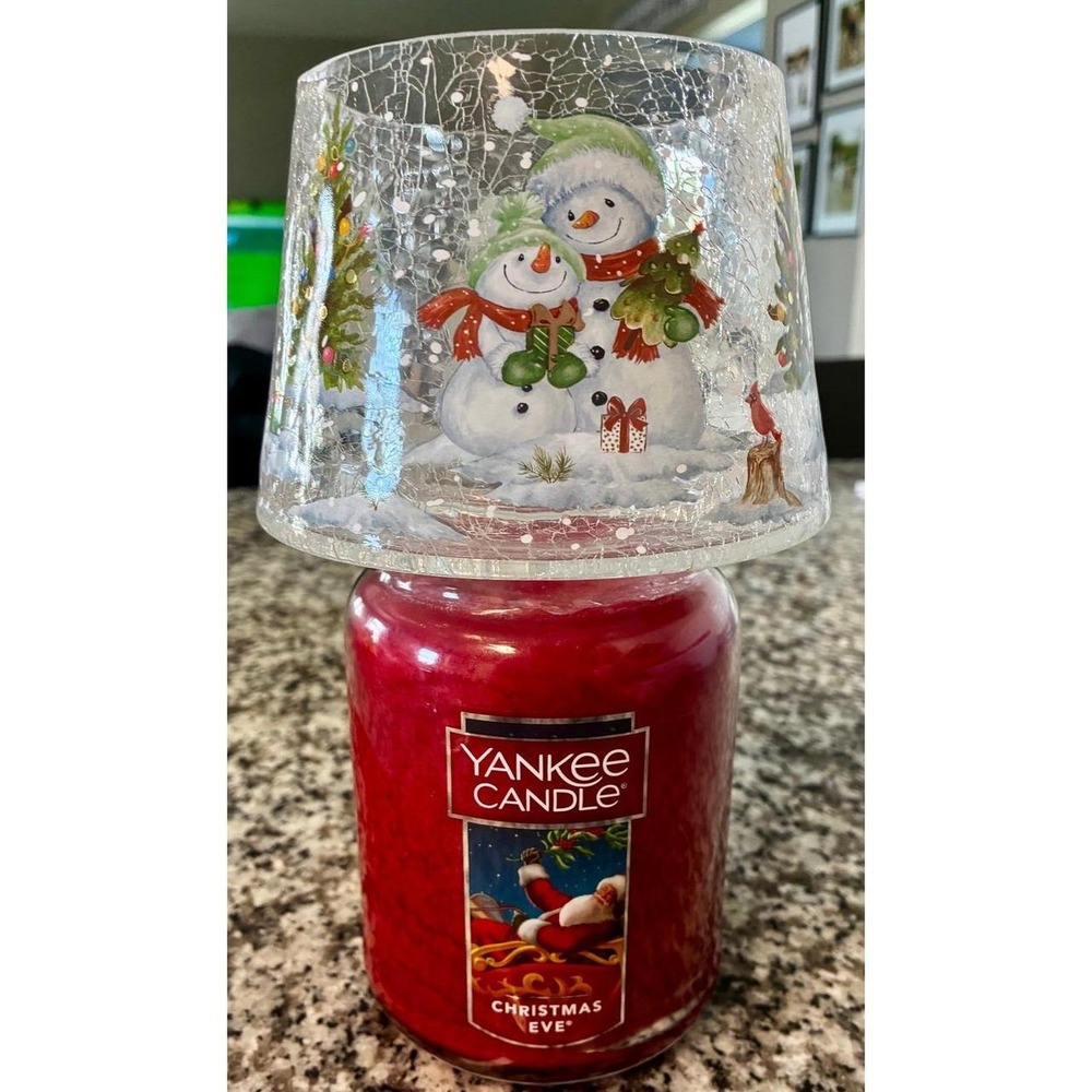 Vintage Yankee Candle Christmas Eve Large Jar 22oz & Crackle Glass Snowman Shade